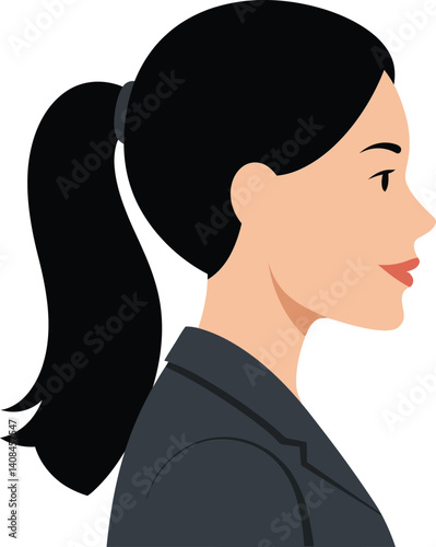 Professional woman with long black hair in a ponytail wearing a dark suit profile view flat vector illustration