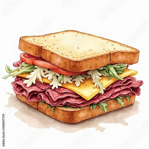 watercolor sandwich with meat, cheese, tomato clip art preview