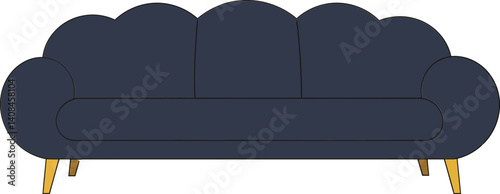 Cozy navy blue sofa with rounded edges and wooden legs in a minimal flat design style, perfect for modern interiors, vector illustration