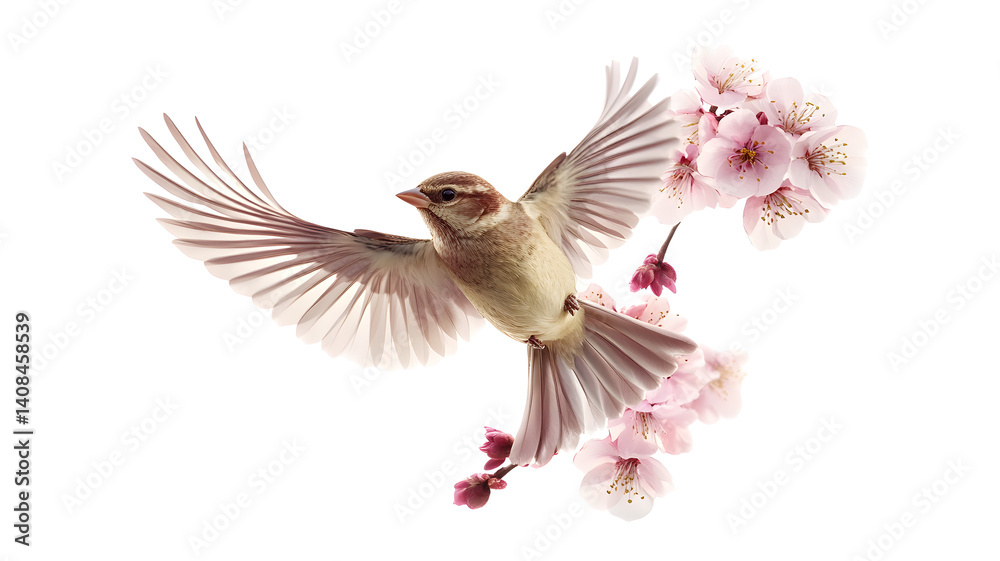 Obraz premium A bird is flying over a pink flower. The bird is small and brown. The flower is pink and has a delicate appearance. Concept of freedom and beauty