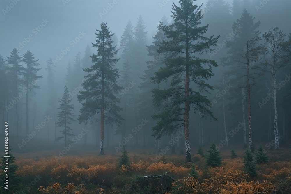 Fototapeta premium Misty Forest Landscape with Vibrant Spruce Woodlands and Lush Timberland