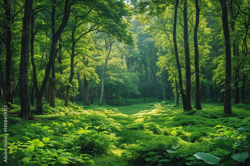 Obraz premium Vibrant Green Forest Background for Spring and Summer Scenes