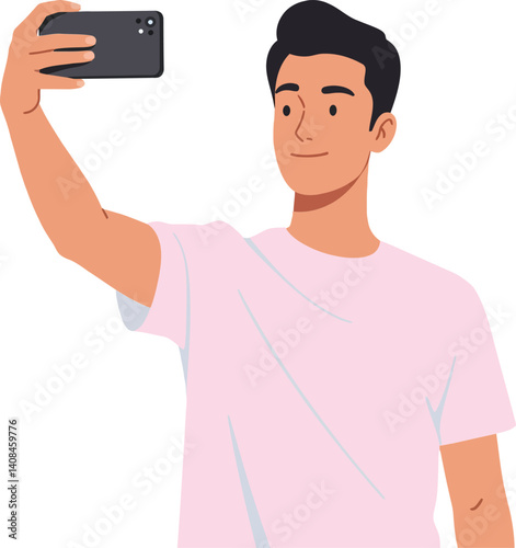 Young man taking a selfie in a casual pink t-shirt, showcasing a flat design style in this vibrant vector illustration