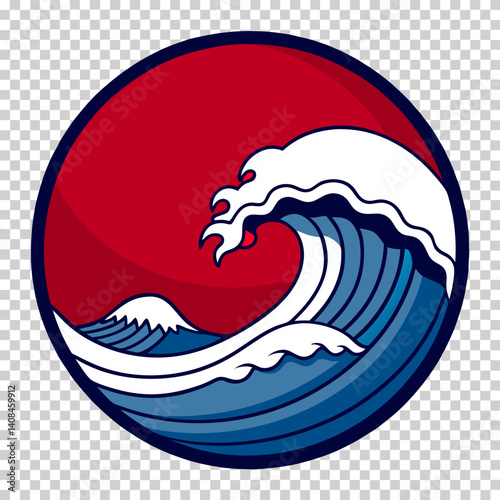 Minimal Wave Icon in Ukiyo-e Style with Red and Blue Colors  