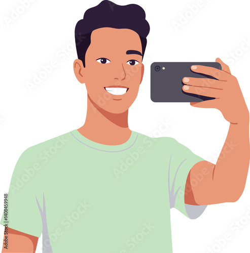 Young man smiling while taking a selfie with a smartphone in a casual flat vector illustration