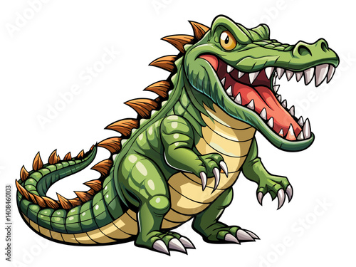 A high-quality vector illustration of a fierce crocodile with open jaws and sharp teeth, isolated on a white background, full body view