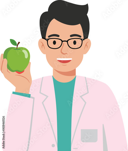A cheerful male nutritionist holding a green apple in a white lab coat with a friendly smile in a flat vector illustration