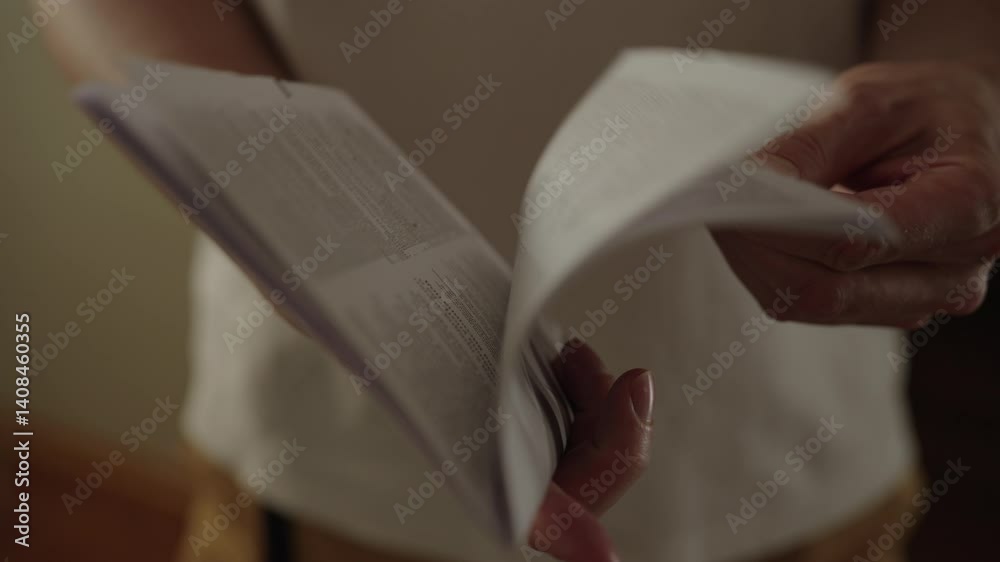 Close-up of unrecognizable man turning pages of instruction manual reading information. Closeup of male hands guiding paper as absorbs information in home setting. Shooting in slow motion.