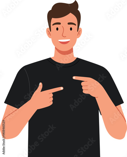 A cheerful young man in a black t-shirt pointing towards a blank space in a minimal vector illustration style showcasing friendliness and engagement in vector art