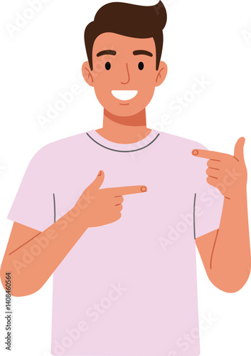 Cheerful young man pointing at something with a friendly smile in a flat vector illustration style