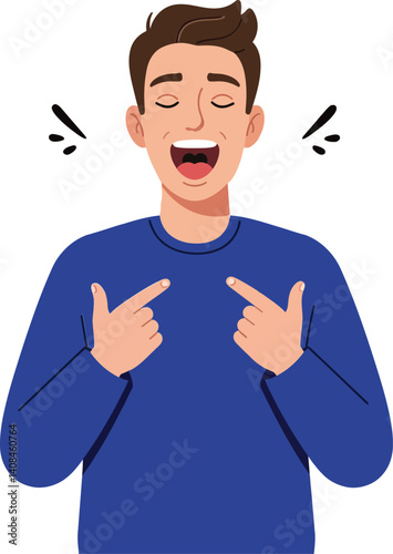 Cheerful young man with a blue sweater pointing at himself in a flat design vector illustration showcasing joy and self-confidence