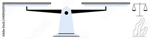 Scales with balanced arms symbolizing justice and equality, with minimalist icons of law and fairness. Ideal for legal services, ethics, balance, equality, fairness, judgment, simple landing page
