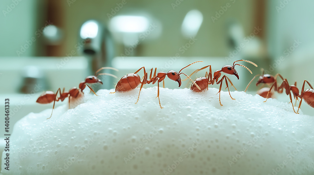 Fototapeta premium Ants on Foam: A Close-Up View of Tiny Creatures Exploring a Bubbly Landscape