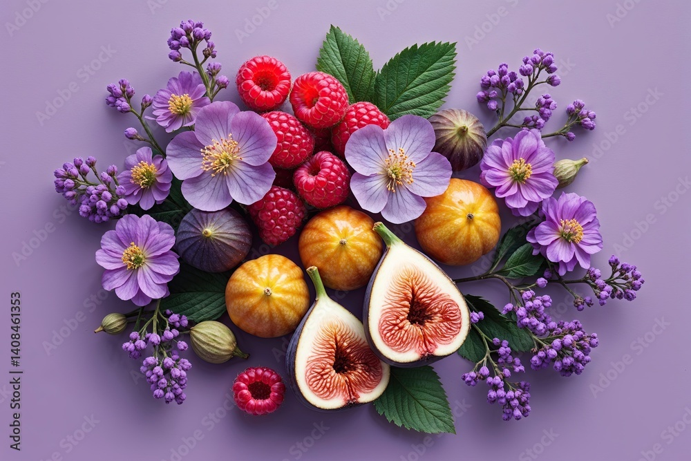 Vibrant Raspberry Kumquat Fig and Gorgeous Flowers on Lavender Background Vector Design Vibrant Raspberry Kumquat Fig and Gorgeous Flowers on Lavender Background Vector Design