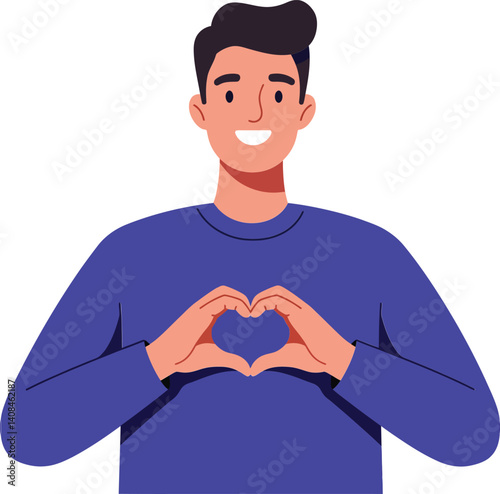 A cheerful young man making a heart shape with his hands in a minimal flat style vector illustration