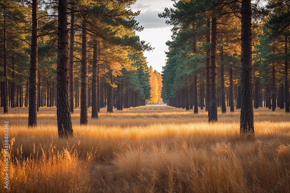 Fototapeta premium Vibrant Larch Forest in Sweden Showcasing Golden Grass and Warm Autumn Colors