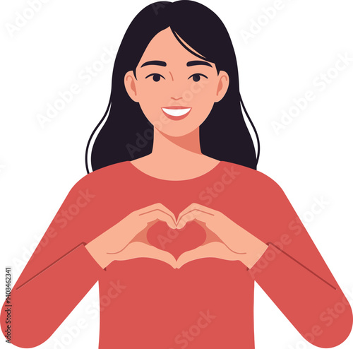 A smiling woman making a heart shape with her hands wearing a cozy red sweater in flat vector illustration
