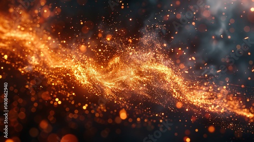 Golden Fire Energy Wave on a Black Background. Abstract Digital Space Background. 3D Illustration.