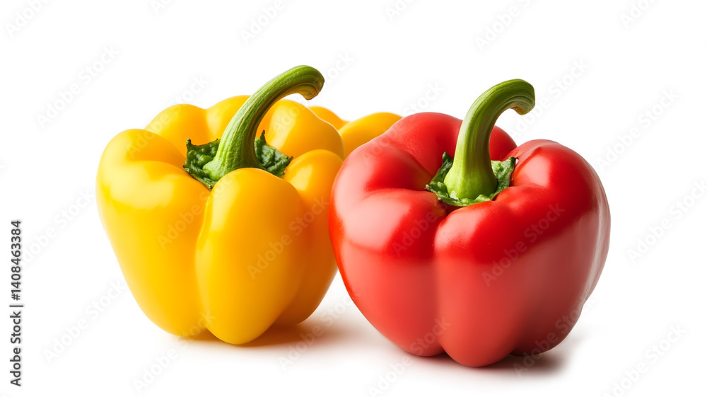 Two peppers, one yellow and one red, are sitting next to each other on a white background Two peppers, one yellow and one red, are sitting next to each other on a white background