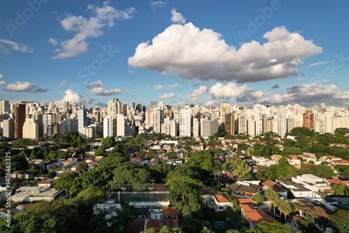 City skyline of Sao Paulo with green areas and cloud patterns