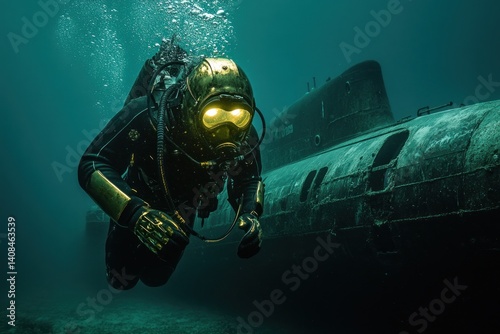 An armored underwater diver explores the ocean depths near vintage submarines The golden glow of their equipment contrasts with the dark aquatic environment, creating a striking visual photo