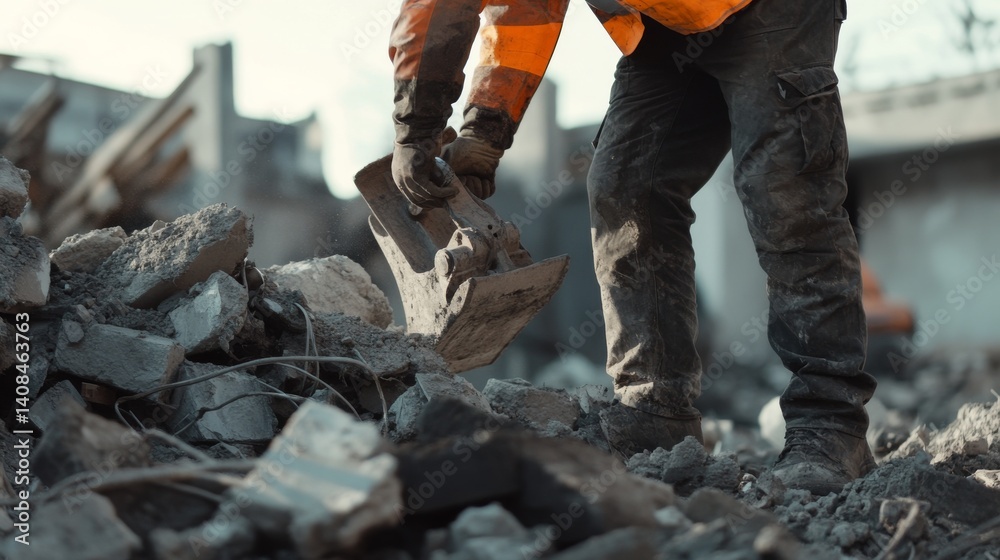 Fototapeta premium Demolition worker handling controlled explosives at a site. Featuring precision and caution