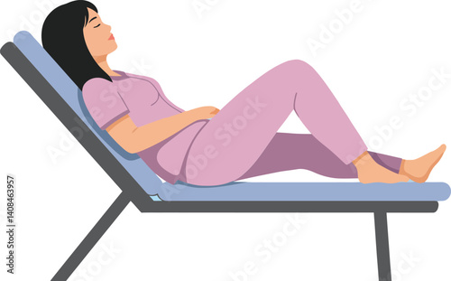 Relaxed woman in pink loungewear reclining on a comfortable chair in a serene setting, minimal vector illustration