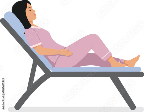A woman reclining on a stylish lounge chair in a minimalistic design, showcasing relaxation and tranquility, perfect for vector art