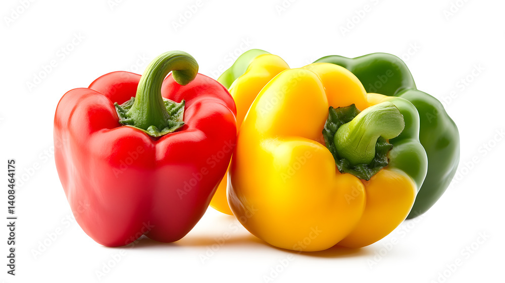 Three peppers of different colors are piled on top of each other. The red pepper is on the left, the yellow pepper is in the middle, and the green pepper is on the right Three peppers of different colors are piled on top of each other. The red pepper is on the left, the yellow pepper is in the middle, and the green pepper is on the right