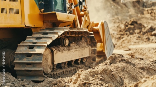 Heavy equipment operator maneuvering a bulldozer at a construction site. Featuring control and power