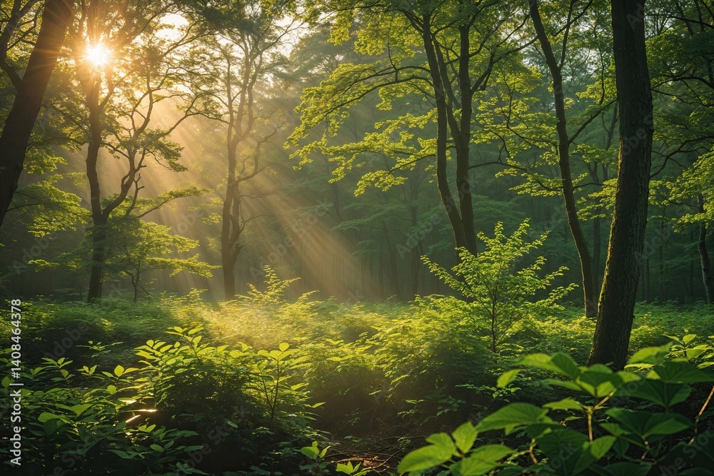 Obraz premium Sunlit Morning Forest Scene with Lush Green Foliage and Enchanting Atmosphere