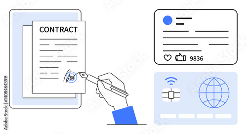 A hand signs a digital contract, next to a social media profile, thumbs ups, and a global icon. Ideal for business agreements, digital workflows, globalization, networks, technology marketing