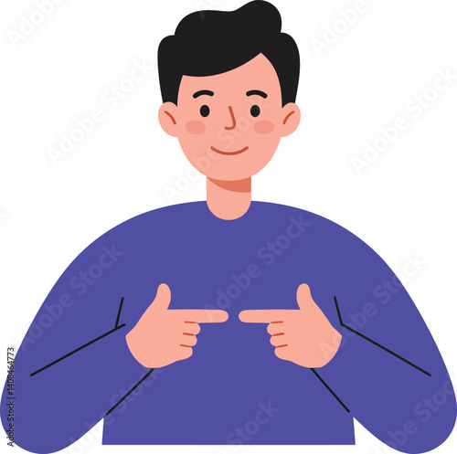 Smiling young man in a blue sweater pointing at himself in a flat vector illustration, showcasing enthusiasm and engagement in a cheerful setting, vector art