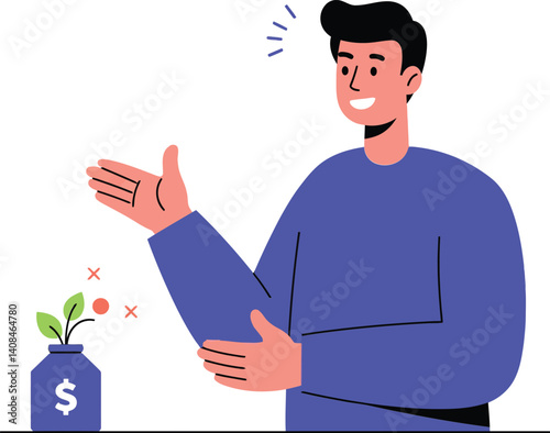 A cheerful man in a blue sweater enthusiastically gestures towards a money jar with a plant, showcasing growth and prosperity in a flat vector illustration