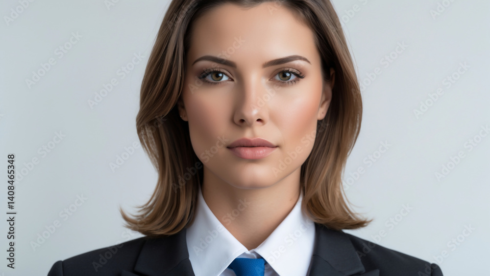  Retrato de uma empresária composta de terno, olhando diretamente para a câmera com confiança e postura.