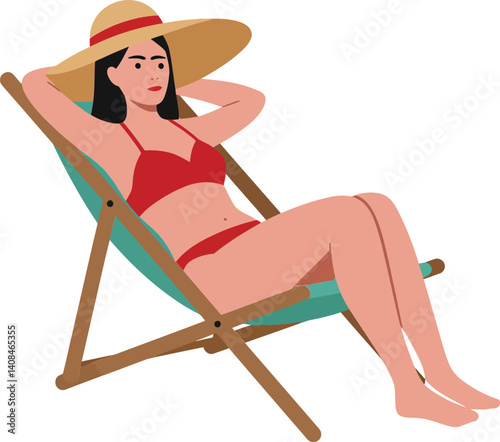 A woman relaxing on a beach chair in a red bikini enjoying the sun, flat vector illustration