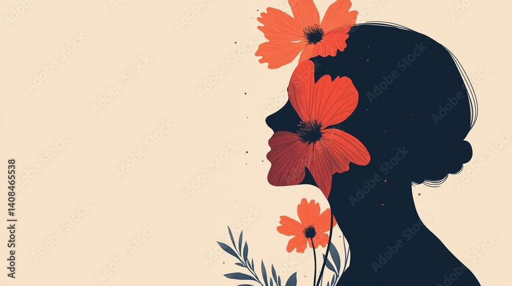 Silhouette of a woman with vibrant flowers against a soft background