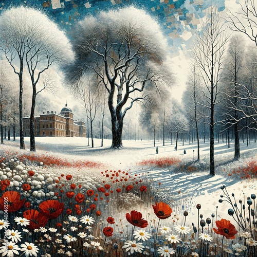 A majestic winter landscape features tall, leafless trees casting long shadows on the snow-covered ground, with a grand building in the background. Bright red and white flowers add colour, (Gen, A.I.)
