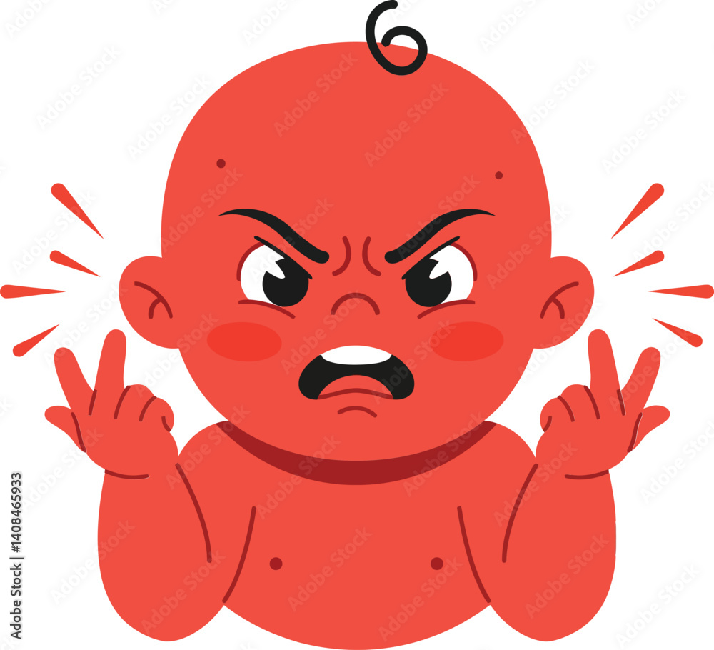 Fototapeta premium Angry baby character with raised hands in a bright flat design style showcasing frustration and emotion in cute vector art