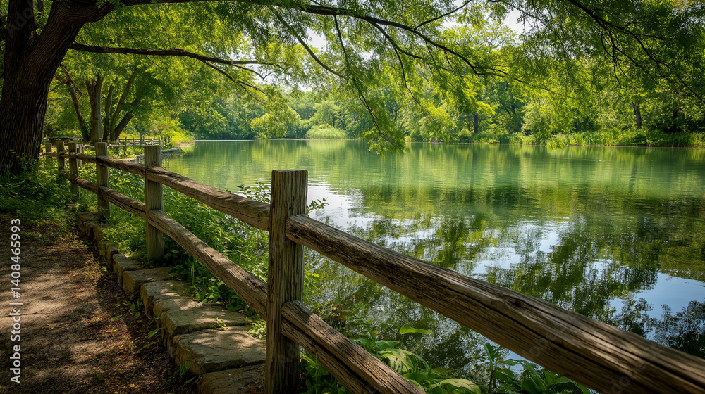 Transform Your View with a Wooden Fence Bordering a Lake Surrounded by Lush Green Trees Transform Your View with a Wooden Fence Bordering a Lake Surrounded by Lush Green Trees