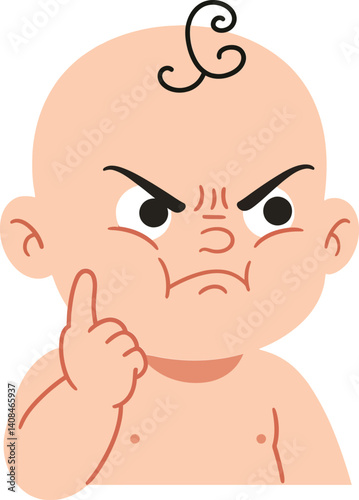 Angry baby with furrowed brow and thoughtful expression in flat vector art style showcasing determination and curiosity in a playful mood
