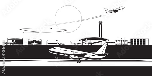 Passenger aircraft taking off from airport – vector illustration