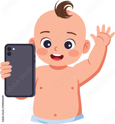 Happy baby holding a smartphone and waving cheerfully, showcasing a flat and colorful design style in playful vector art