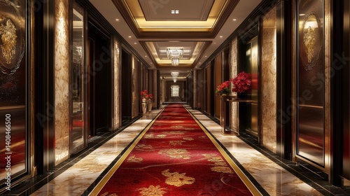 Luxury hotel corridor with mood lighting and designer carpets 