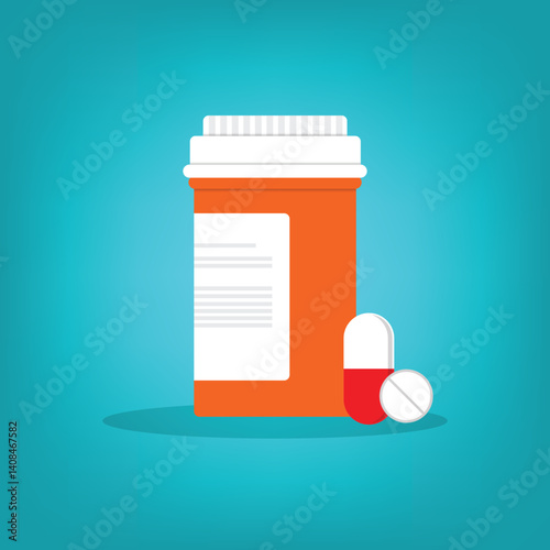 Vector drugs icon, pills, capsules and prescription bottles. Medicine vector illustration