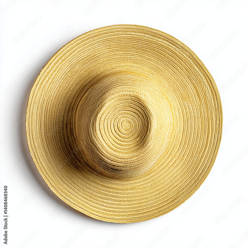 Sunhat displayed in top view on a white background, symbolizing summer style and timeless elegance. Sunhat displayed in top view on a white background, symbolizing summer style and timeless elegance.