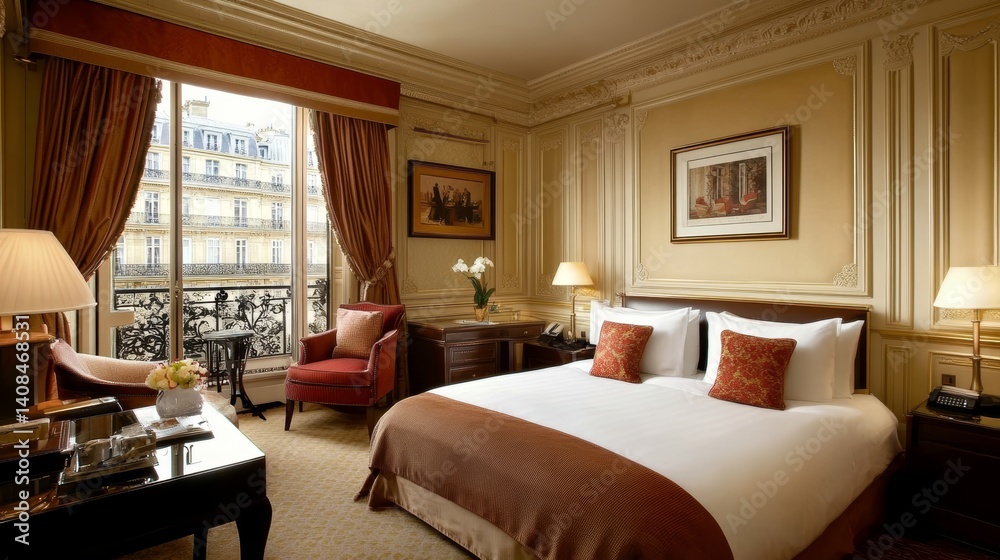 Fototapeta premium Classic Parisian-style luxury hotel room with ornate moldings and chic design 