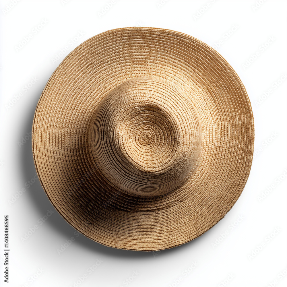 Stylish sunhat captured from top view on a white backdrop, exuding effortless summer chic charm. Stylish sunhat captured from top view on a white backdrop, exuding effortless summer chic charm.