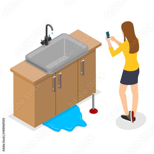 3D Isometric Flat Vector Illustration of Plumbers, Pipeline Repair, Clogged Toilet, Sewer Cleaning. Item 2
