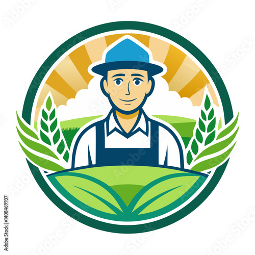 This vector logo design features a farmer standing amidst lush crops, emphasizing the essence of agriculture. The vibrant colors and elements symbolize dedication to sustainable farming practices